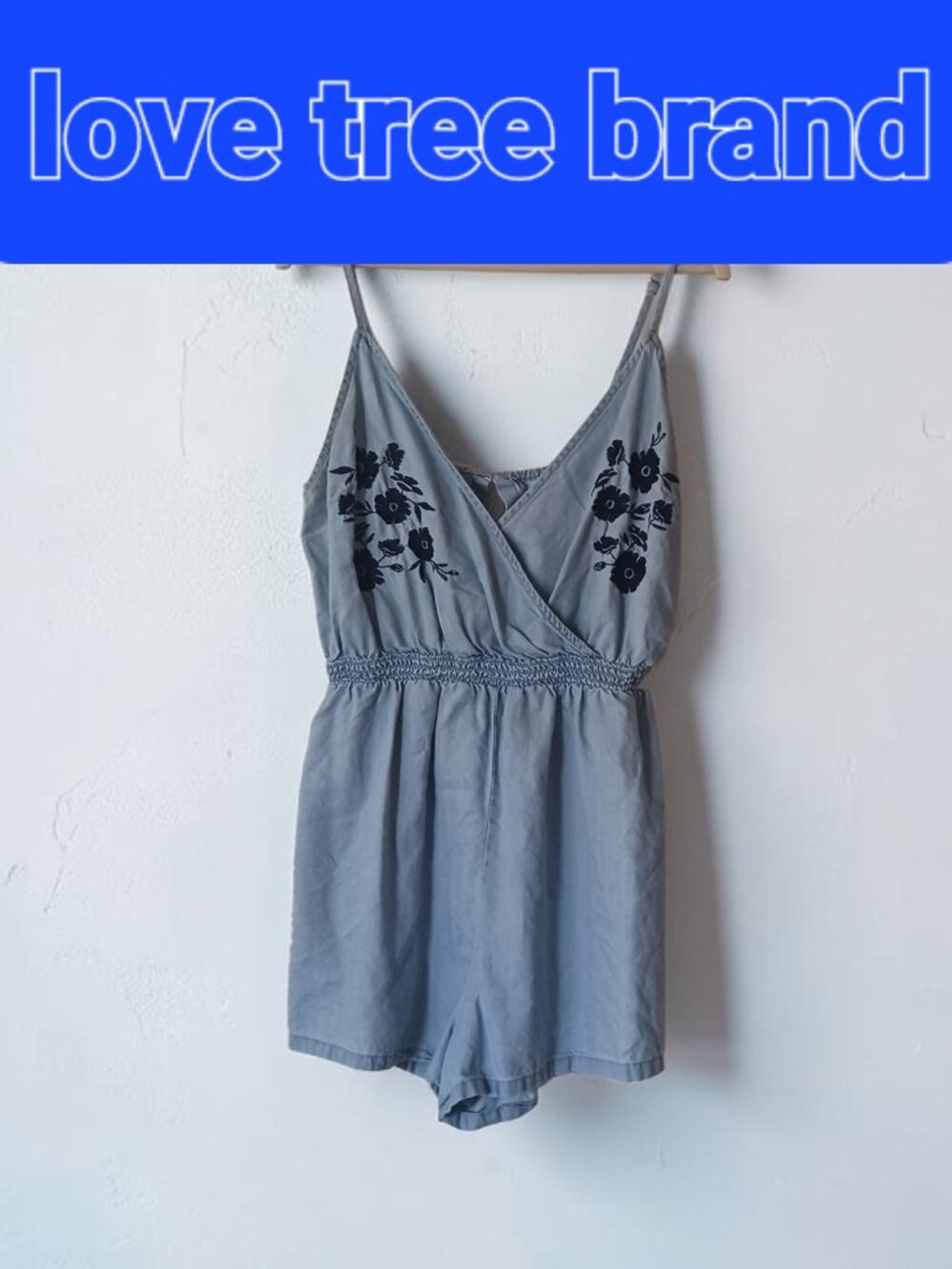 Love Tree Chambray Embroidered Romper Size Small Blue Sleeveless Boho